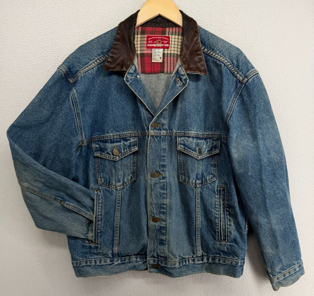 MARLBORO COUNTRY STORE Jacket Men L Denim Trucker Leather Trim VTG